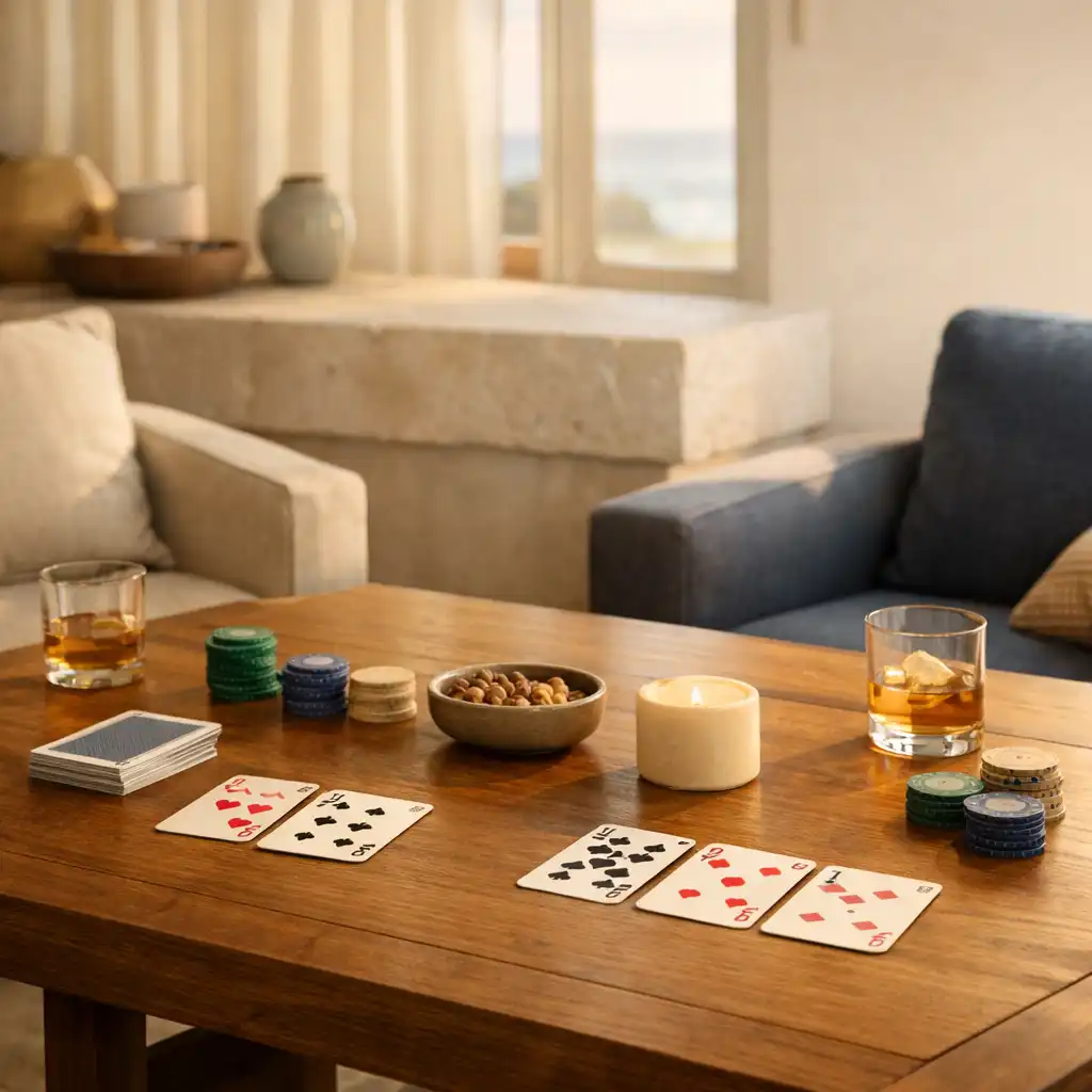 Timber card lounge table prepared with physical playing cards and chips
