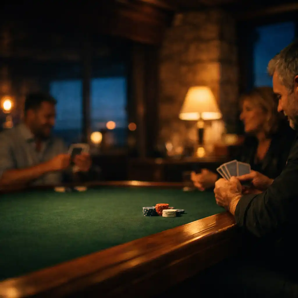 Adult guests gathered around a timber-edged card table in the Card Lounge after dusk