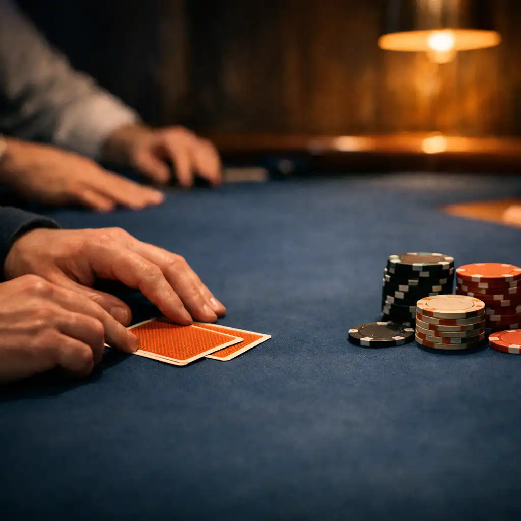 Hands handling physical playing cards at a softly lit hosted table