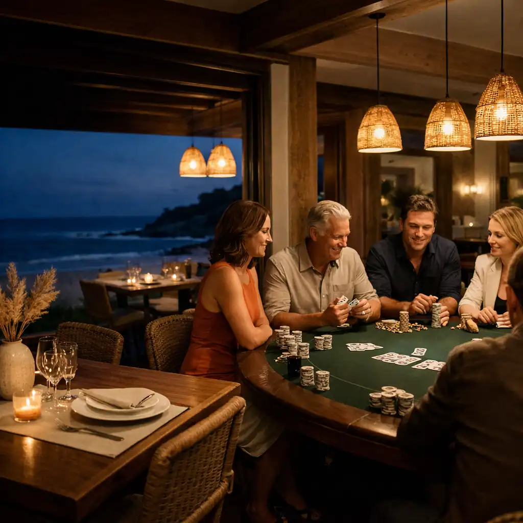 Coastal dining room leading towards a prepared in-person poker table at dusk