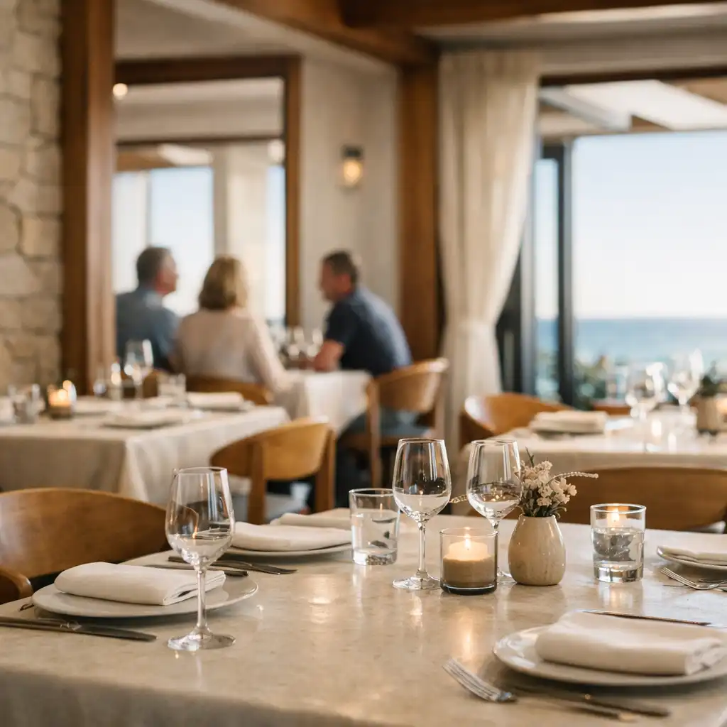 Sunlit dining room with timber tables and stone details at nuevocasino-ar