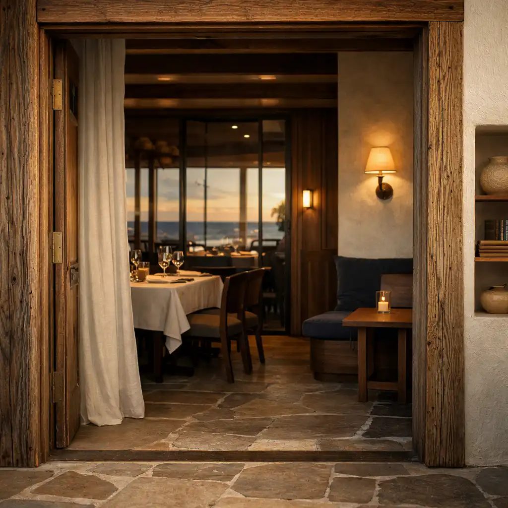 Timber and stone venue entry with warm interior light and a prepared dining table