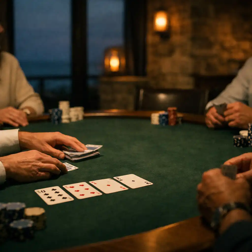 Dealer-led in-person poker table with physical cards and chips