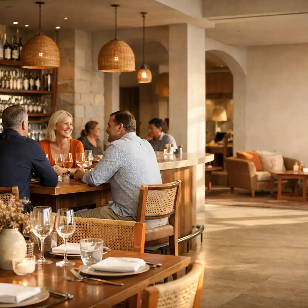 A warm Australian restaurant and bar interior with a prepared dining table in late-afternoon harbour light.