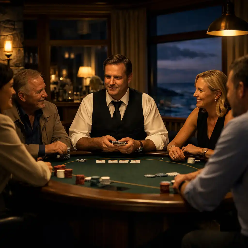 A dealer leading a small group of adult guests at a real poker table in an evening salon.