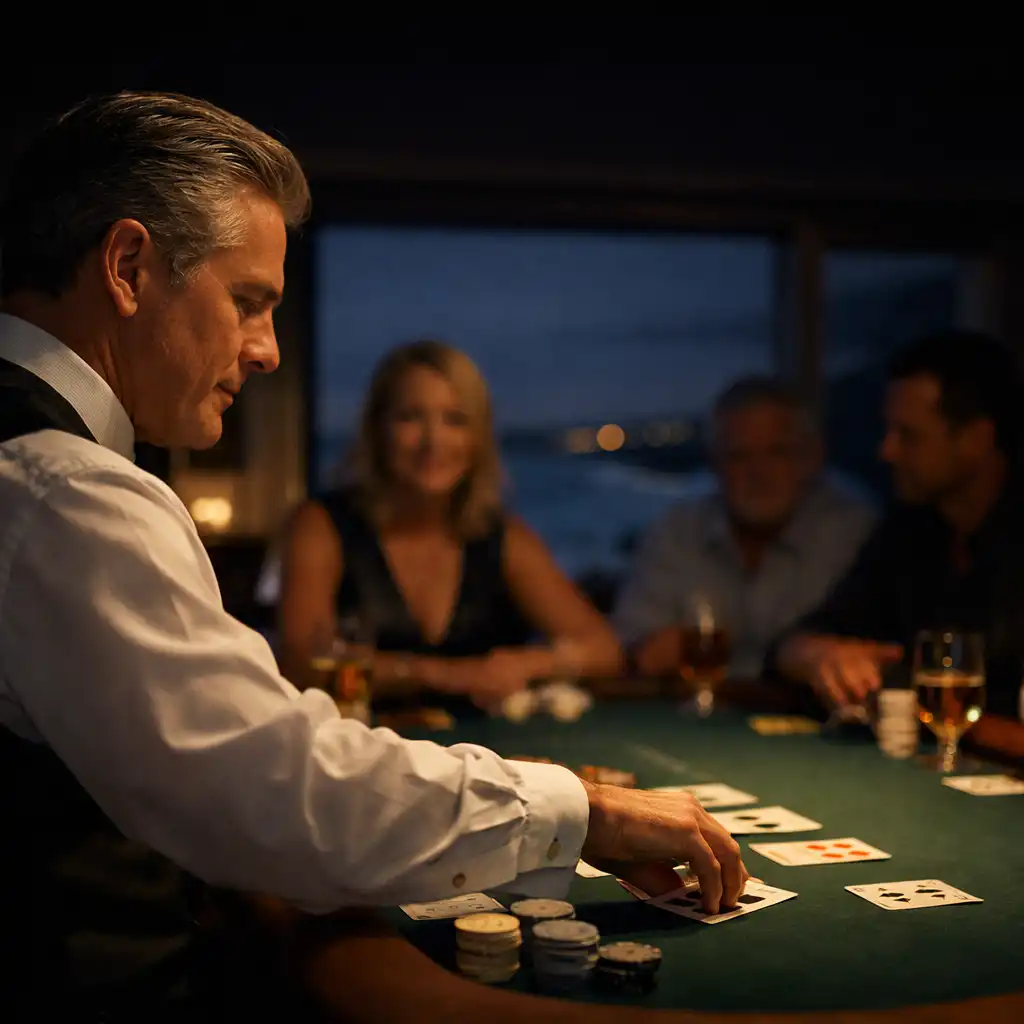 Dealer guiding adult guests at an in-person poker event