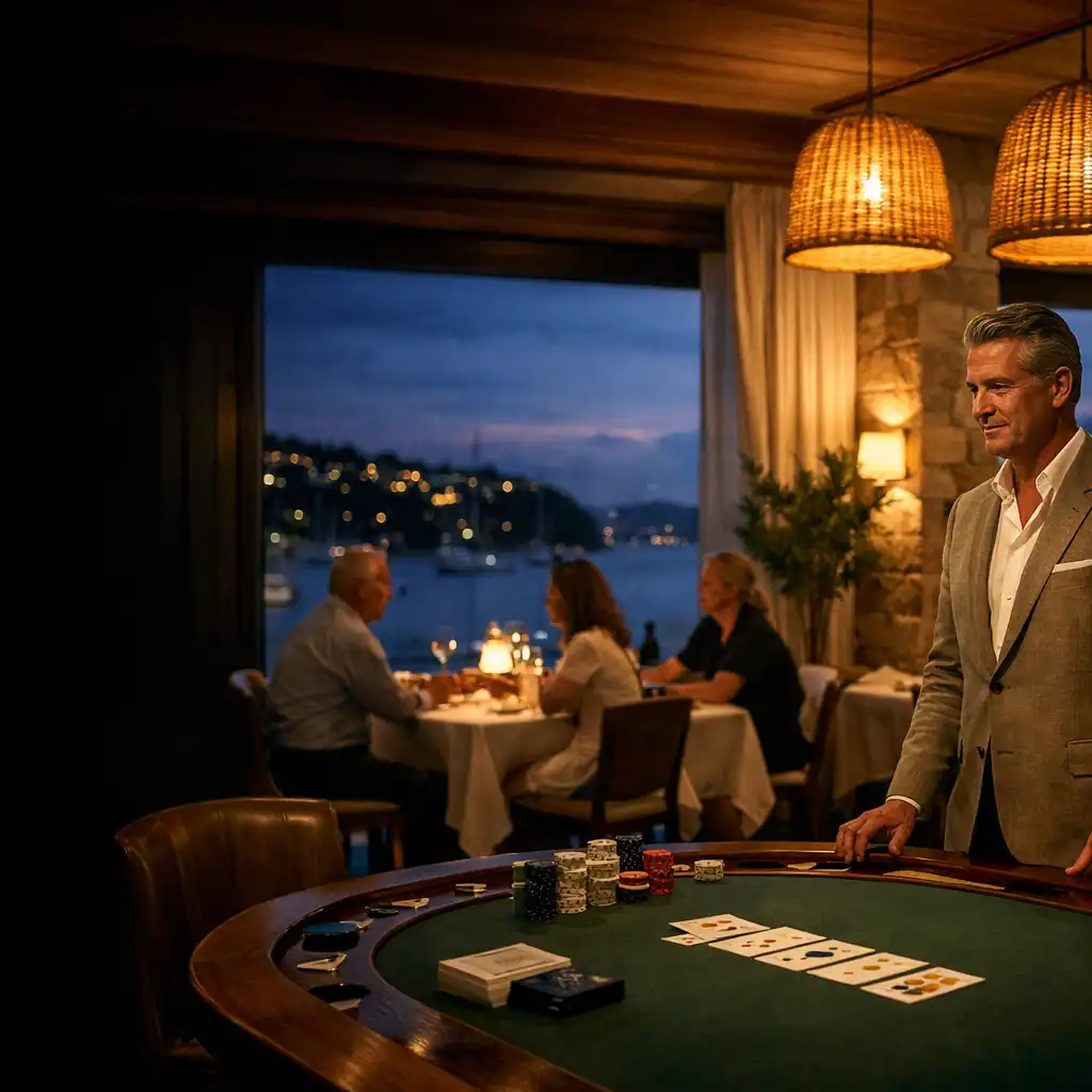 Adult guests gathered around a hosted timber poker table in a coastal dining room at dusk.