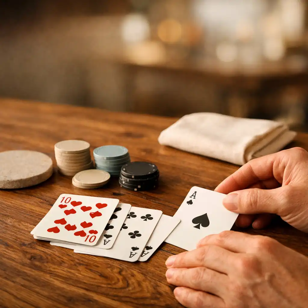 Hands arranging physical playing cards and matte chips on a richly grained timber table.