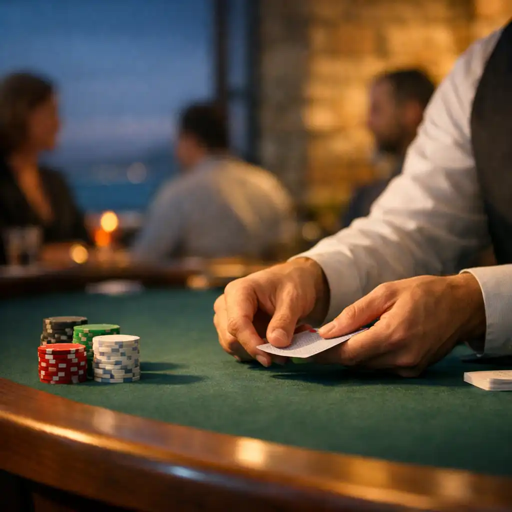 Dealer-led table with hands dealing physical cards beside poker chips and timber detailing