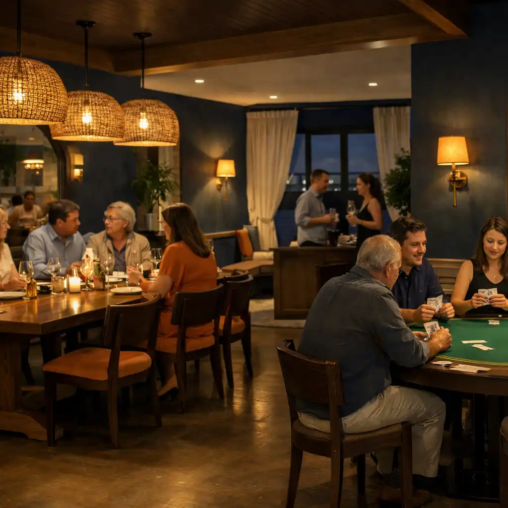 Warmly lit coastal dining room and card salon with guests gathered around tables