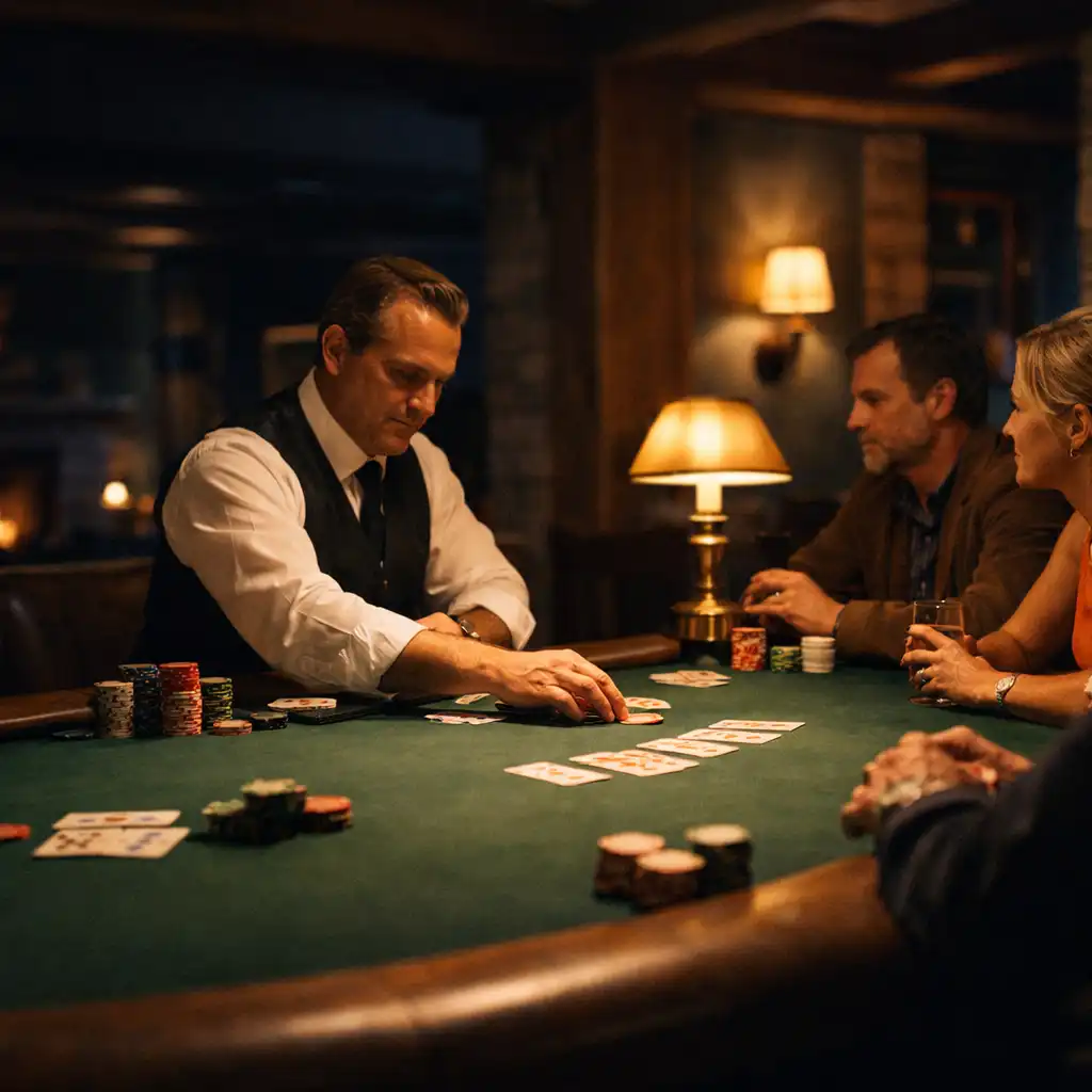 Sophisticated poker salon with dealer, physical cards and guests at a real table