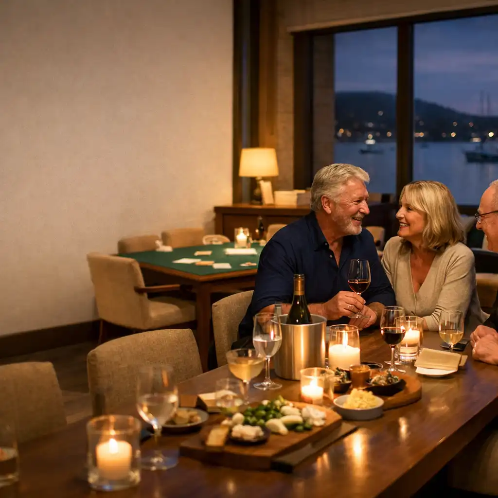 Small group enjoying conversation at a private gathering in the coastal card lounge