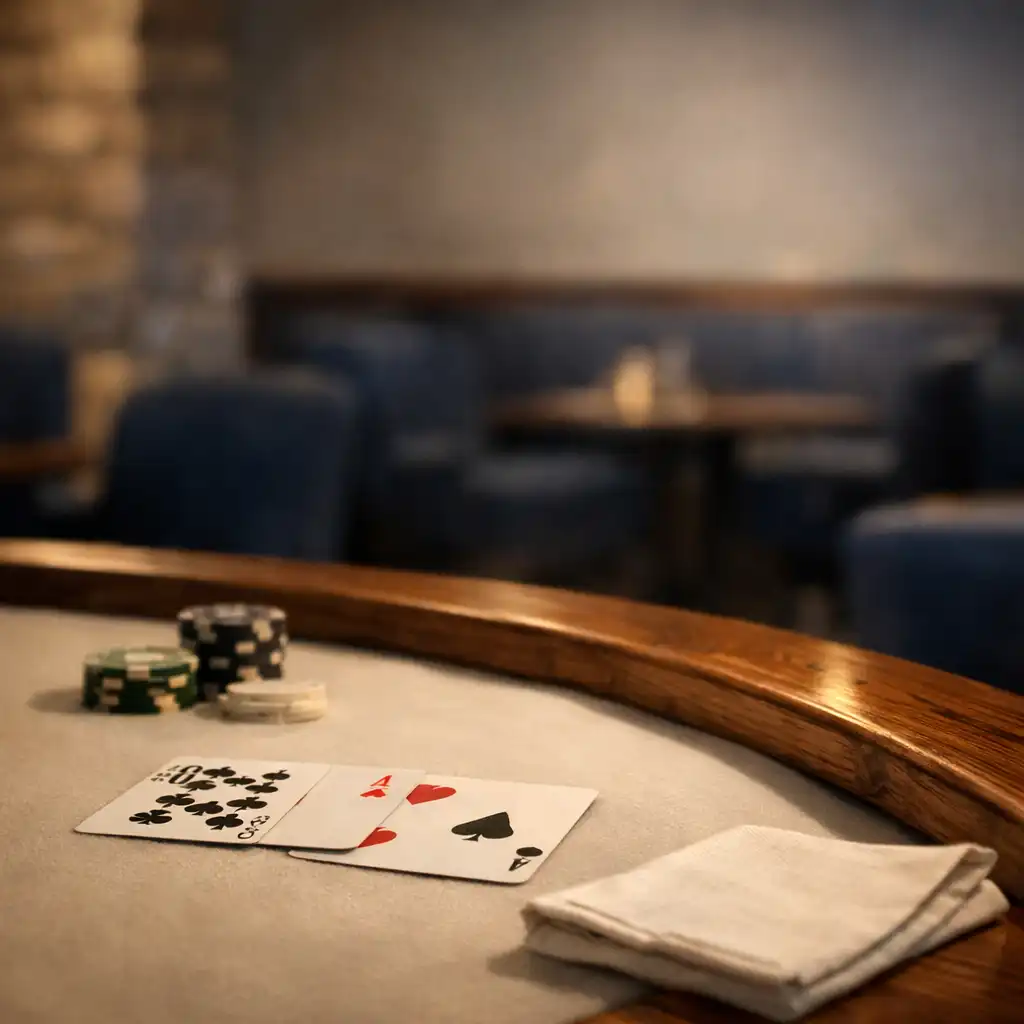 Timber-edged poker table with physical cards and understated chips in the salon