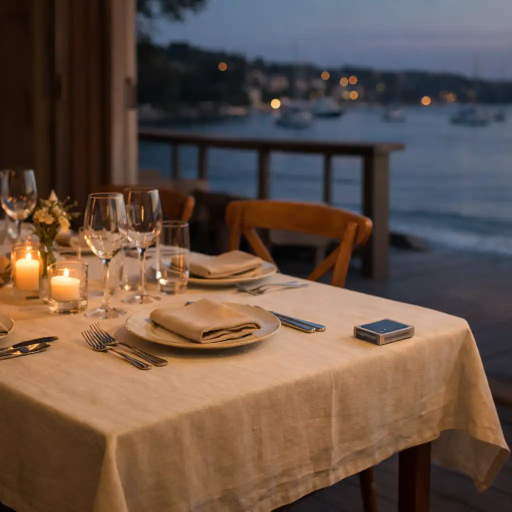 An elegant private dining table with linen, glassware and a subtle deck of cards