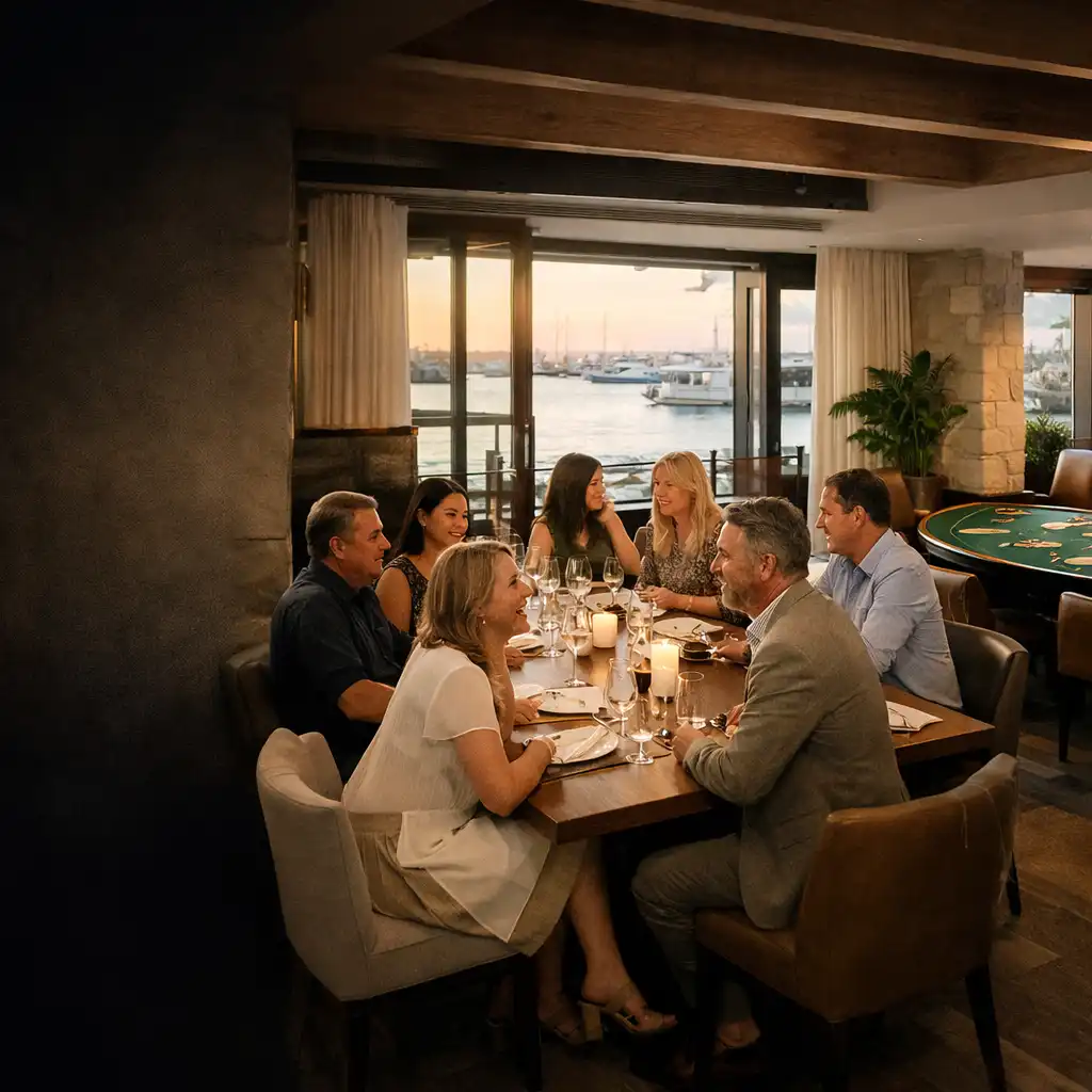 Adults gathered around a timber table at a coastal private dining occasion