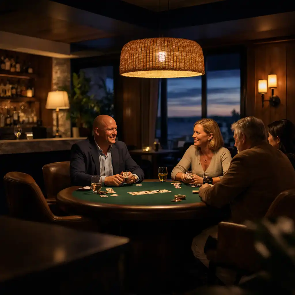 A refined twilight poker salon with timber, stone and adults in conversation