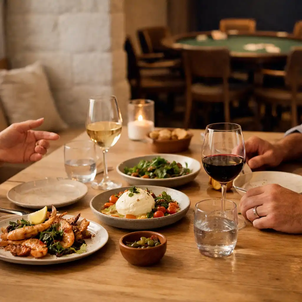 Sharing plates and drinks on a warm restaurant table at early evening