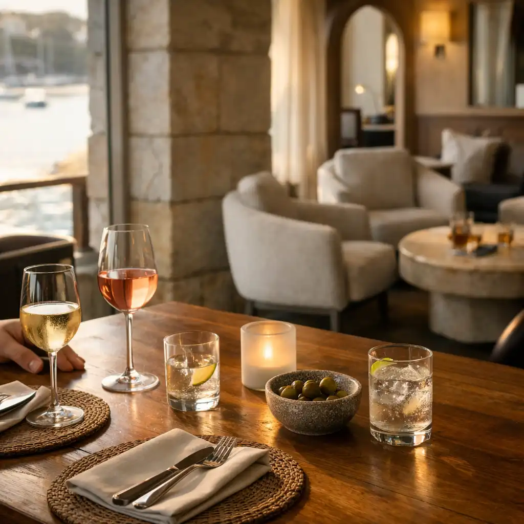 Warm coastal restaurant table with timber, stone and ivory details beside the card-lounge setting