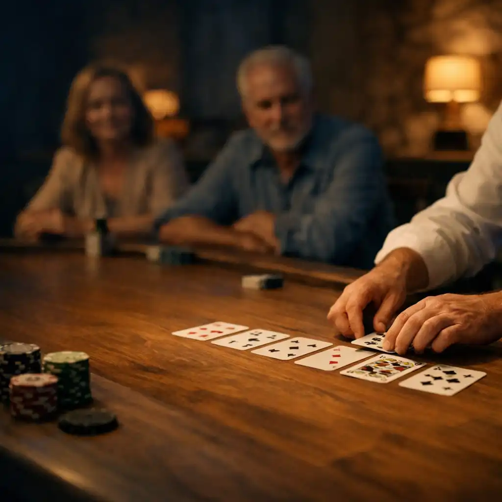 Dealer's hands arranging community cards on a timber table as guests attend an evening poker salon