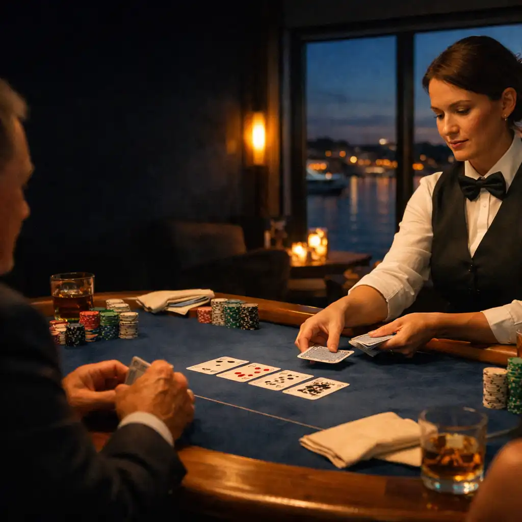 Dealer arranging physical cards at a refined Texas Hold'em table in a harbour-side lounge